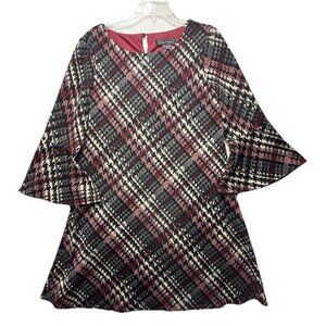 Jessica Howard Women's Red Gray Plaid Houndstooth Bell Sleeve Lined Dress Sz M